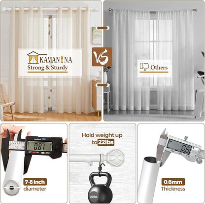 KAMANINA Curtain Rods for Windows 48 to 84 Inch, White Single Heavy Duty Curtain Rod Adjustable, 7/8 Inch Decorative Drapery Rod 32 to 86 Inch(2.6-7.1Ft), Netted Texture End
