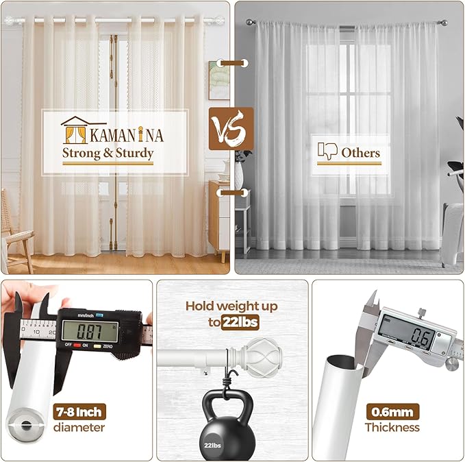 KAMANINA Curtain Rods for Windows 66 to 120 Inch, 7/8 Inch White Heavy Duty Curtain Rod 32 to 120 (2.6-10ft), Adjustable Decorative Drapery Rods with Netted Texture End