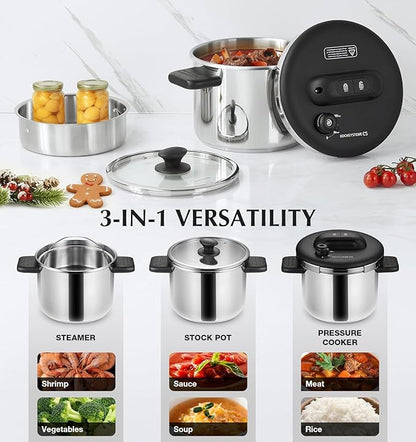 KOCH SYSTEME CS Pressure Cooker Stainless Steel, 6.3 QT Olla de Presion, Easy One-Press Lock, 3 PSI Settings Pressure Cooker, Save 70% Time, Gas & Induction Compatible, Glass Lid & Steamer Rack