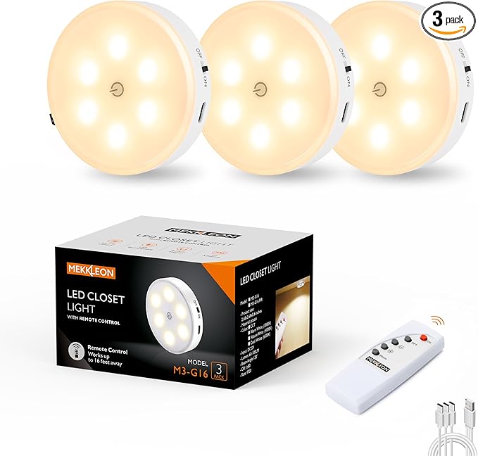 Puck Lights with Remote Control,1000mAh Rechargeable Under Cabinet Lighting,3Pack LED Closet Tap Light,Cordless Stick On Lights for Under Cabinet,Hallway,Stairway,Closet (Warm White)