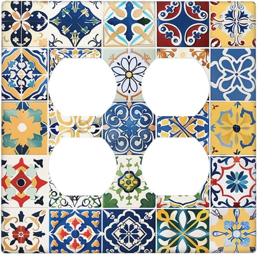 Outlet Covers Moroccan Traditional Mexican Talavera Til 2 Gang Double Duplex Decorative Light Switch Covers Electrical Wallplates Socket Faceplate for Kitchen Home Decor