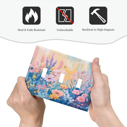 Decorative Light Switch Cover Plate Colorful Watercolor Flowers Wildflower Plants 3 Gang Wall Plate Triple Toggle Switch Plate Covers Electrical Outlet Cover for Bathroom Home Decor