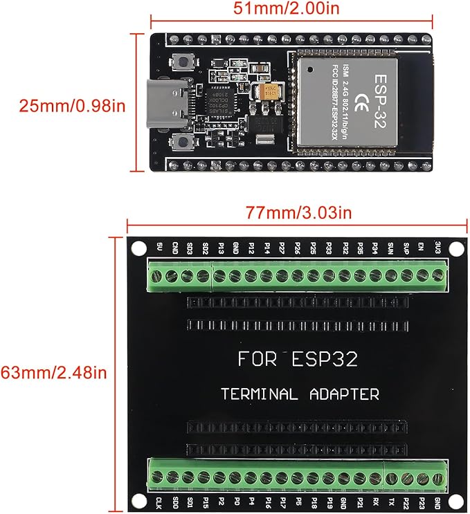 3 Set ESP32 Development Board Type C 38Pin Narrow Version WiFi + Bluetooth Microcontroller ESP-32 ESP-32S Board ESP-WROOM-32 with ESP32 Breakout Board GPIO 1 into 2 Terminal Screw Board