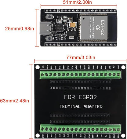 3 Set ESP32 Development Board Type C 38Pin Narrow Version WiFi + Bluetooth Microcontroller ESP-32 ESP-32S Board ESP-WROOM-32 with ESP32 Breakout Board GPIO 1 into 2 Terminal Screw Board