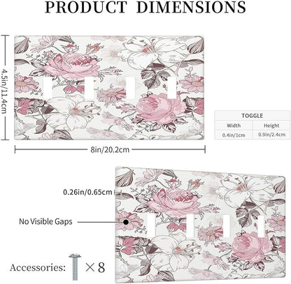 Light Switch Covers Modern Watercolor Flower Pink White Wildflower Quad Toggle 4 Gang Wall Plate Electrical Faceplate Decorative Switch Plates for Bedroom Home Decor