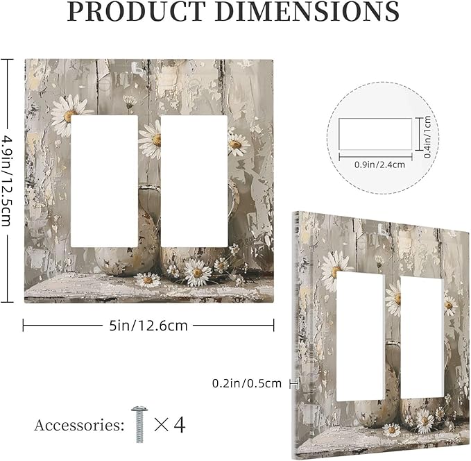 Decorative Outlet Covers Vintage Rustic Floral White Daisy Flower Oil Painting Style 2 Gang Double GFCI Rocker Electrical Wall Panels Light Switch Cover Plate for Home Farmhouse Decor