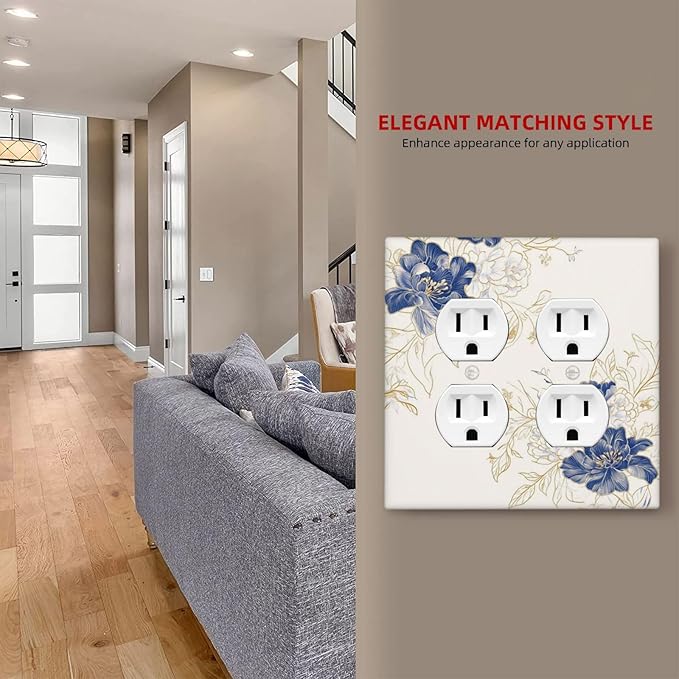 Decorative Outlet Covers Rustic Blue Flower Floral Gold Leaf 2 Gang Light Switch Cover Plate Double Duplex Wall Plates for Electrical Outlets Switch Plate Covers for Bedroom Home Decor