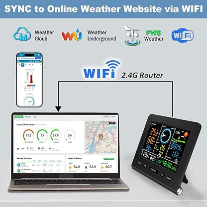Urageuxy WiFi Weather Stations Wireless Indoor Outdoor, Home Weather Station with Rain Gauge, Wind Speed/Direction, Indoor/Outdoor Thermometer/Humidity, Moon Phrase, Alarm Clock, Barometric Pressure