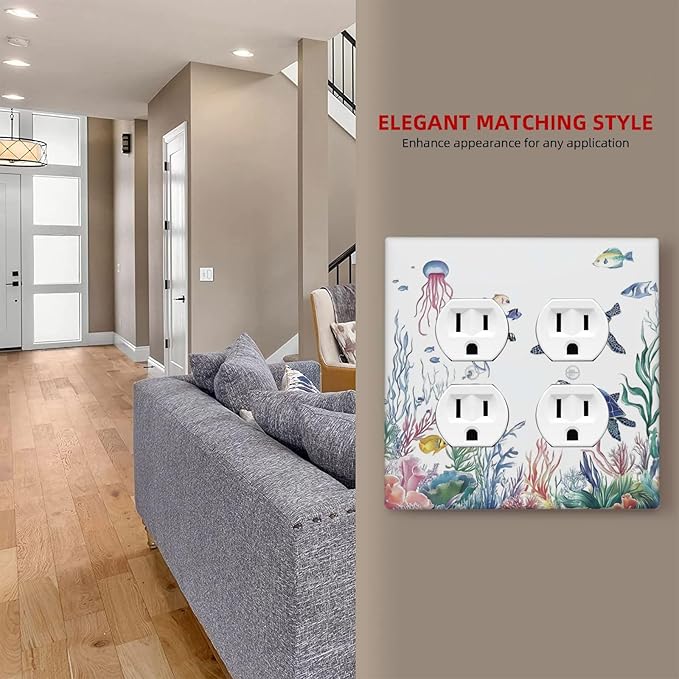 Blue Sea Turtle Ocean Fish Octopus Coral Outlet Covers 2 Gang Double Duplex Decorative Light Switch Covers Electrical Wallplates Socket Faceplate For Bathroom Kids Room Decor