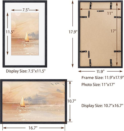 11x17 Black Picture Frames, 11 x 17 Picture Frame Set of 3, High-End Oak Wood Frame 11 by 17, 11x17 Wooden Frame with Tempered Glass, Matted to 8x12, Black Wood 11 x 17 Poster Frame for Wall