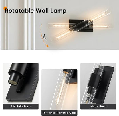 24.8" L Wall Sconces Set of 2, Black Wall Lights Fixtures Morden Cylinder Wall Light for Bathroom Vanity Light Indoor Wall Mounted Lamps for Living Room,Bedroom,Hallway