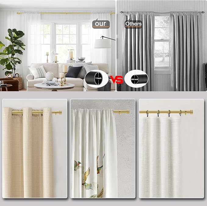 Gold Curtain Rod for Windows 18 to 88 Inches, 1 Inch Adjustable Drapery Pole, Heavy Duty Outdoor/Indoor Modern Curtain Rods, Easy Installation(Warm Gold 18"-88")