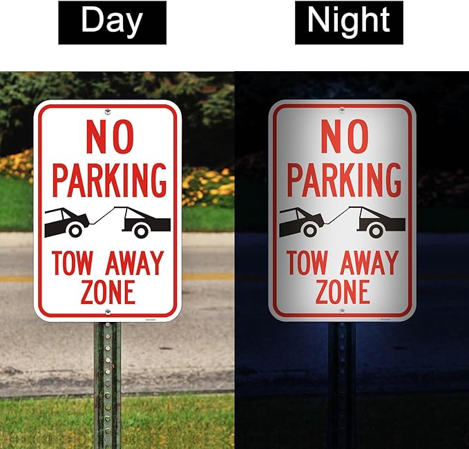 Large (4 Pack) No Parking Symbol Tow Away Zone Sign, 12x18 Inches Engineer Grade Reflective Rust Free Aluminum, 2 Pre-Drilled Holes Easy to Mount