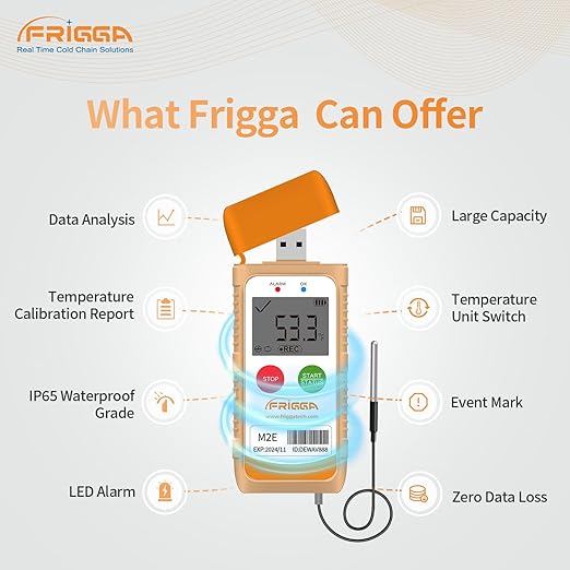 Frigga M2E Reusable Temperature Data Logger with External Probe Multi-Use Digital Refrigerator Thermometer USB 14400 Points High Accuracy Temperature Recorder PDF CSV Report