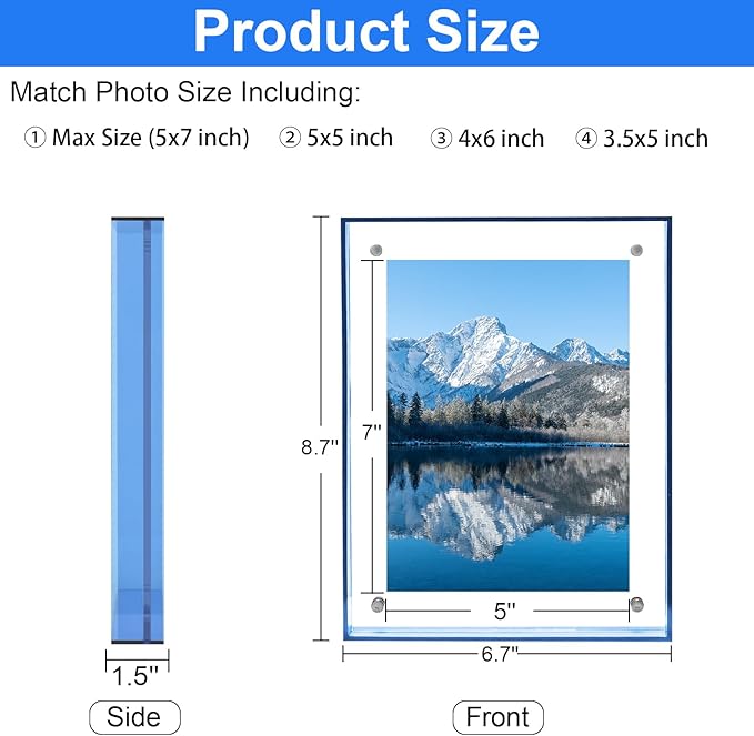 5x7 Picture Frame, Stunning Color Acrylic Photo Frames, Wall & Tabletop Display Frames, Modern Floating Style for Home Office Decoration, Blue (1 Pack)