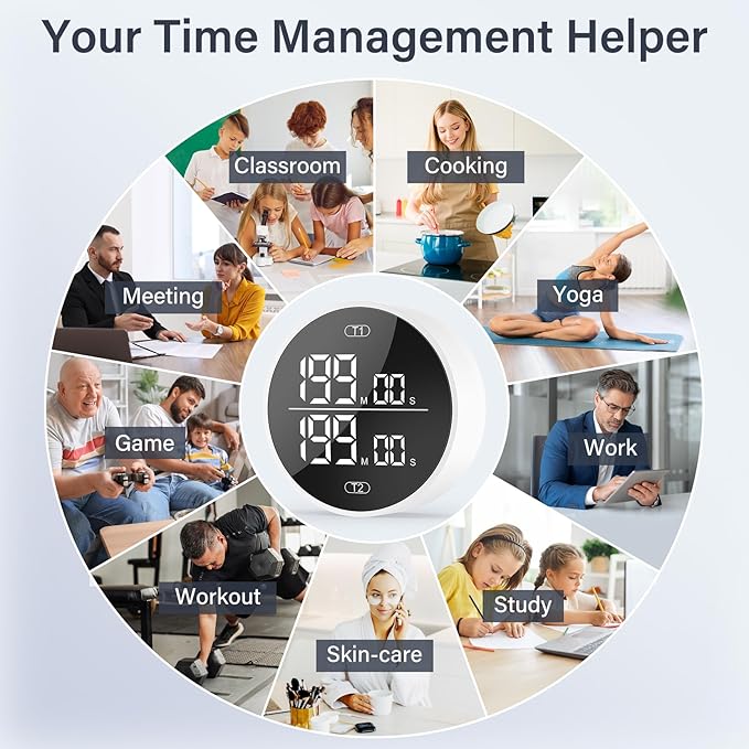 Dual Digital Kitchen Timer for Cooking, 199 Minutes Countdown & Stopwatch, Productivity Timer for Fridge, Big Digits, High-Definition Display, Rotary Adjustment, 3 Volumes, 2 Brightness Levels, White