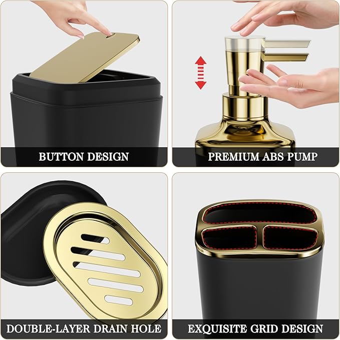Bathroom Set - Bathroom Sets with Shower Curtain and Rugs, Bathroom Accessory Set, Black Bathroom Accessories Set with Trash Can, Toilet Brush and Soap Dispensers