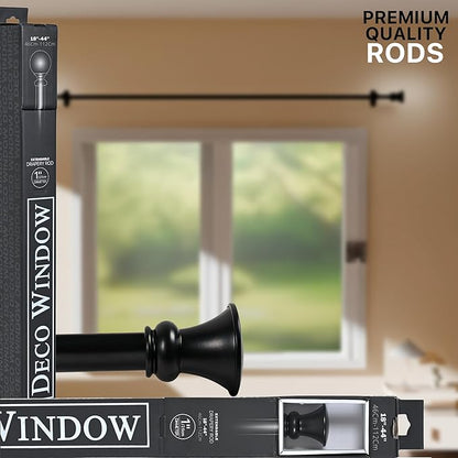 Deco Window Adjustable Curtain Rod for Windows 18 to 44 Inch (Pack of 1) Extendable Heavy Duty 1 Inch Iron Drapery Pole with Finials Wall Mounted French Door Curtain Rods (Black)