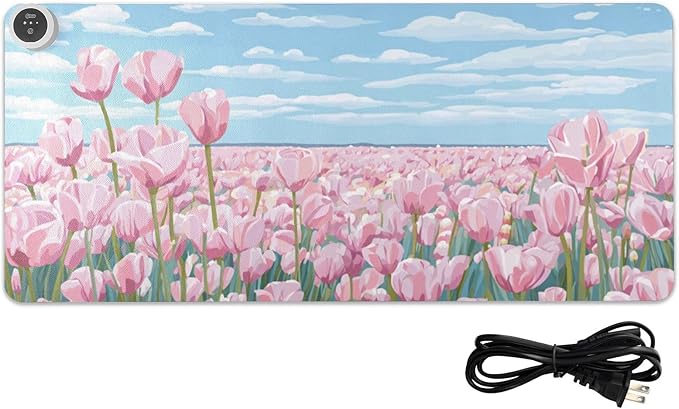 Heated Desk Pad Mouse Pad 31.5x13 Inch PU Leather Desk Mat with 3 Heat Levels Large Mouse Gaming Computer Laptop Mat Pink Tulip Field and Blue Sky