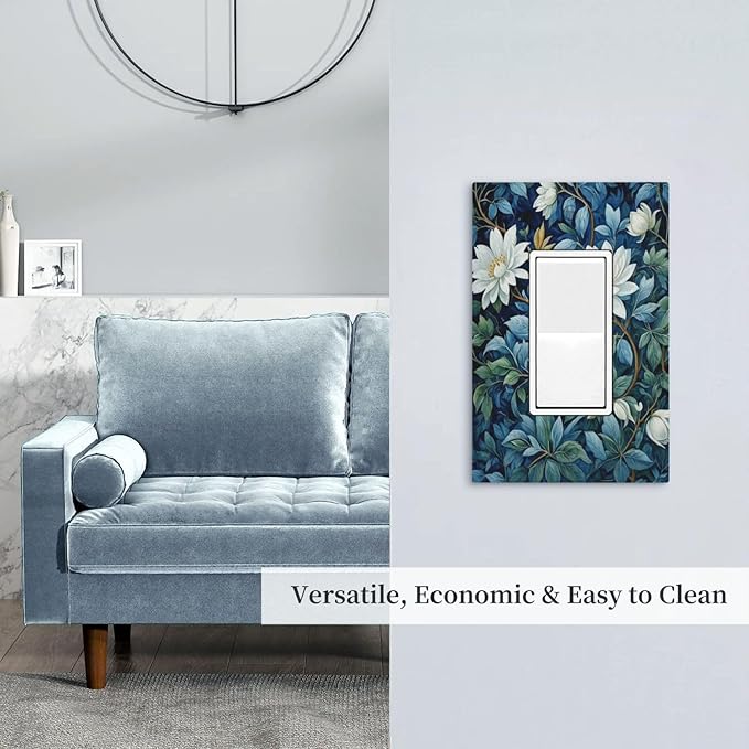White Flowers Green Leaves Single Decora Outlet Wall Plate 1 Gang Rocker Decorative Switchplate Faceplate GFCI Light Switch Covers for Home Living Decor