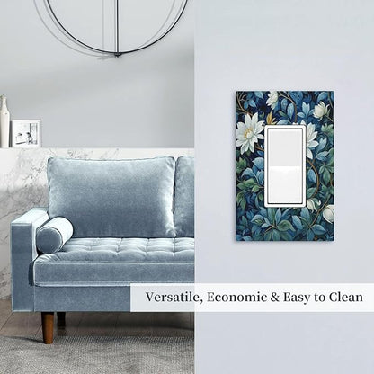 White Flowers Green Leaves Single Decora Outlet Wall Plate 1 Gang Rocker Decorative Switchplate Faceplate GFCI Light Switch Covers for Home Living Decor