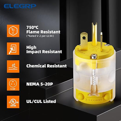 ELEGRP Lighted 20 Amp 125 Volt NEMA 5-20P 2 Pole 3 Wire Grounding Straight Blade Electrical Plug Replacement Cord Outlet Commercial Grade, Yellow, 5 Pack