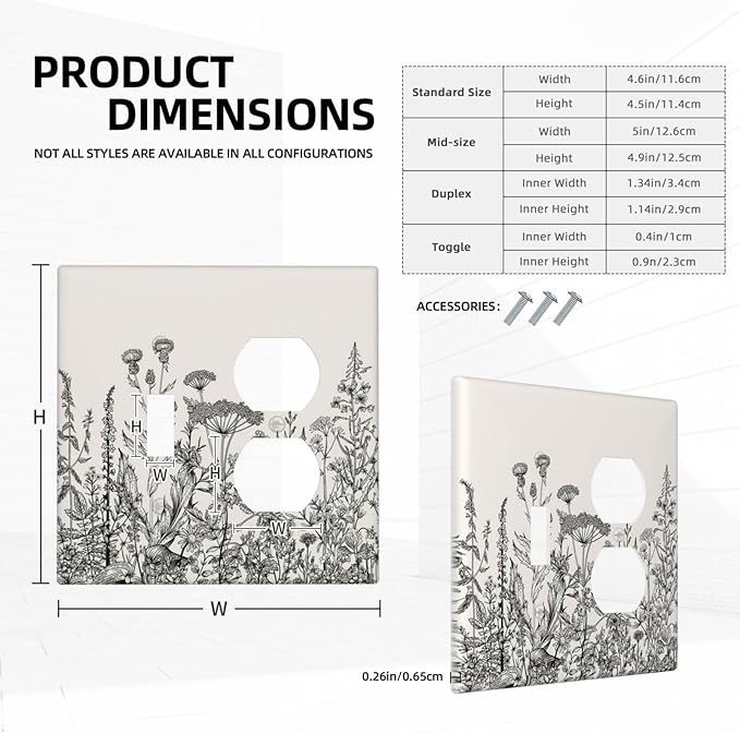 Decorative Outlet Covers Beige Skech Plant Leaves Flowers 2 Gang Wall Plate Cover Single Toggle Duplex Combo Two Switch Light Switch Cover Plate Jumbo Dual GFCI Faceplate