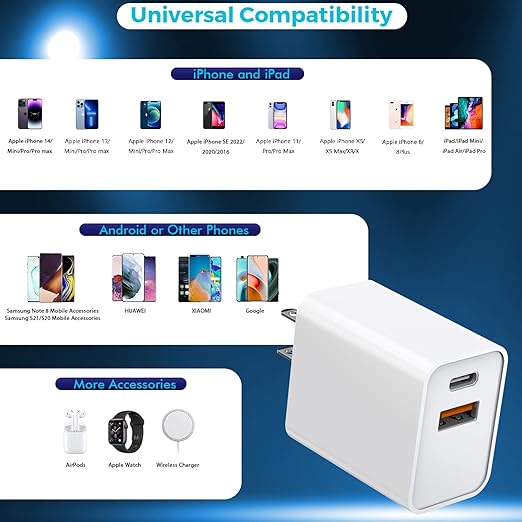 iPhone 17/16 Charger Block, 2Pack 20W Dual Port PD Fast USB C Wall Charger Adapter + USB A Quick Charging Brick Plug Compatible with iPhone Air/17/16/15/14/13/12/11/Pro Max/Plus/XS/XR/X,iPad,AirPods