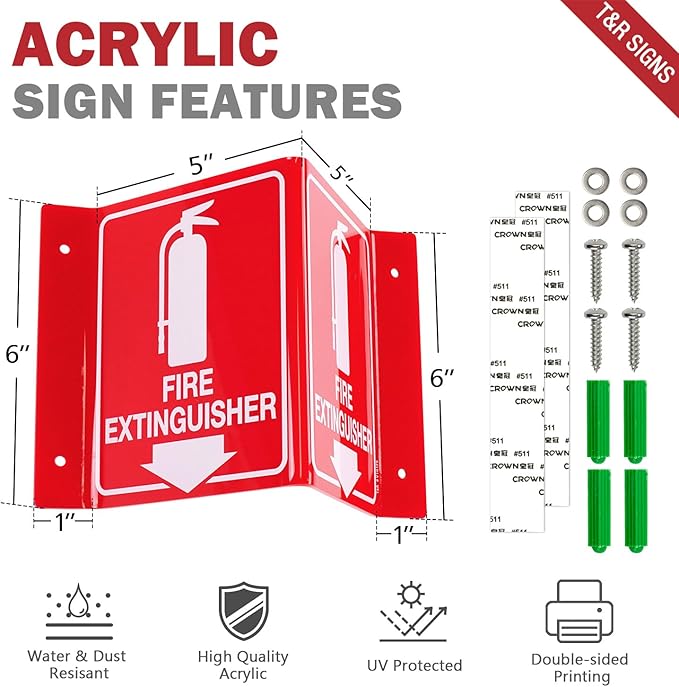 T&R Fire Extinguisher Sign, Fire Extinguisher with Down Arrow - 4 Pack - 8 x 6 Inches Acrylic, 4 pre-drilled holes, Includes Matching Screws, Use for Home Office/Business