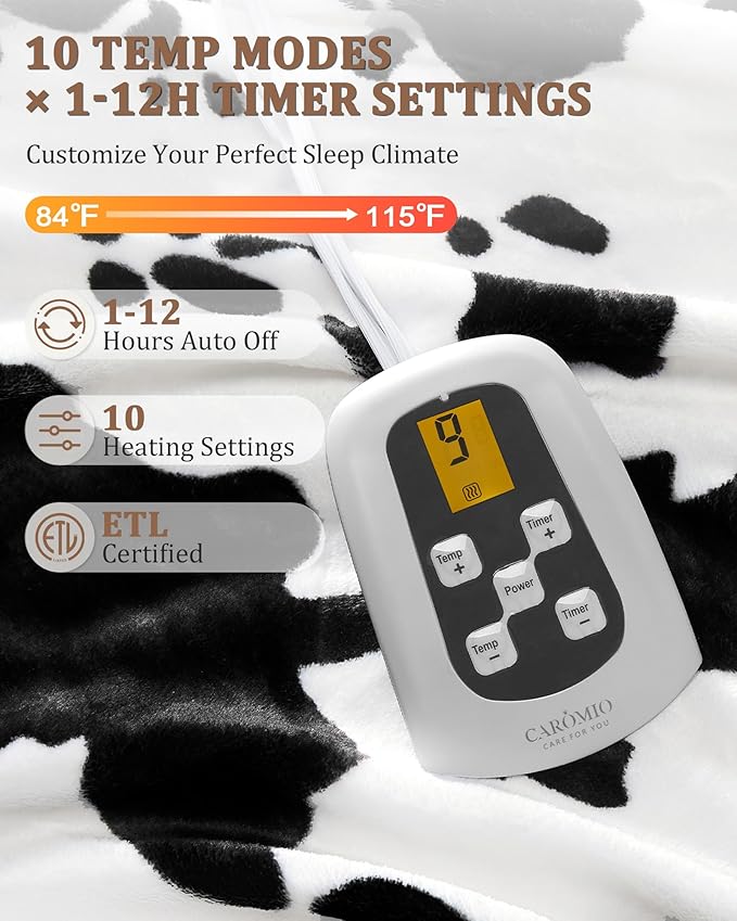 CAROMIO Heated Electric Blanket Full Size, Cow Print Fast Heating Blankets with LCD Controller, 10 Heat Levels & 1-12H Time Settings, ETL Certified, Machine Washable, Black White, 72" x 84"