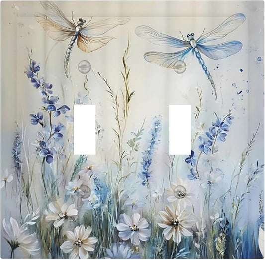 Decorative Light Switch Cover Plate Watercolor Dragonfly Blue Wihte Flower 2 Gang Outlet Covers Double Toggle Wall Plates for Electrical Outlets Switch Plate Covers Faceplate for Home Decor