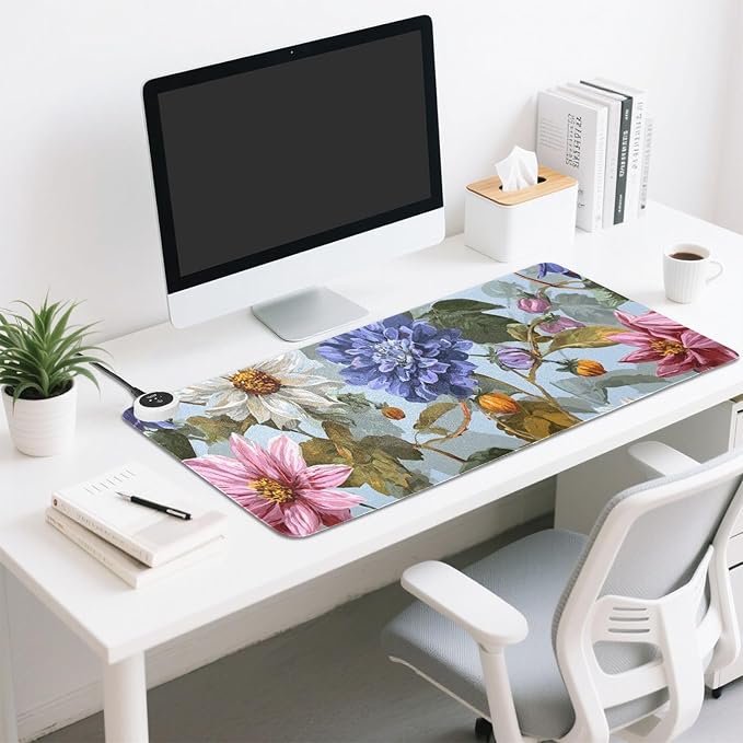 Heated Desk Pad Mouse Pad 31.5x13 Inch PU Leather Desk Mat with 3 Heat Levels Large Mouse Gaming Computer Laptop Mat Blue Daisies Dahlias Bluebells