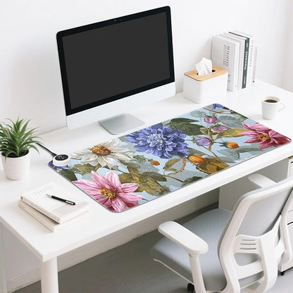 Heated Desk Pad Mouse Pad 31.5x13 Inch PU Leather Desk Mat with 3 Heat Levels Large Mouse Gaming Computer Laptop Mat Blue Daisies Dahlias Bluebells