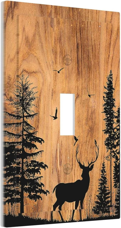 Decorative Light Switch Cover Rustic Farmhouse Orange Brown Pine Tree Deer Wood Grain 1 Gang Single Toggle Device Electrical Faceplate Switchplates Decorator Outlet Wall Plate for Bedroom