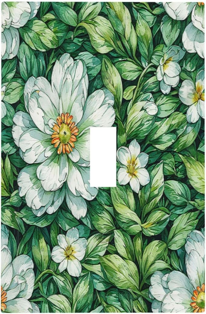Vintage Floral White Flowers Green Plants Leaves Decorative Light Switch Cover 1 Gang Single Toggle Decorator Outlet Wall Plate Device Electrical Faceplate Switchplates for Bedroom Bathroom