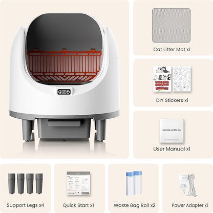 Bashaw Self Cleaning Litter Box, Automatic Cat Litter Box for Multiple Cats, App Control with Safety Sensors, Open Top, Includes Scent Cartridge, Litter Mat & 2 Roll Garbage Bags (White)