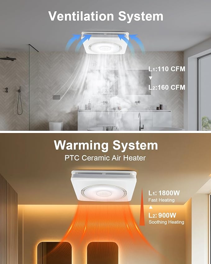 GROWNEER Bathroom Fan with Bluetooth Speaker, 110/160 CFM 1.0 Sone Bathroom Exhaust Fan with Heater, Powerful Oversize Exhaust Fan with Light & Remote, 9 RGB Modes, 1500lm 3-CCT & Nightlight
