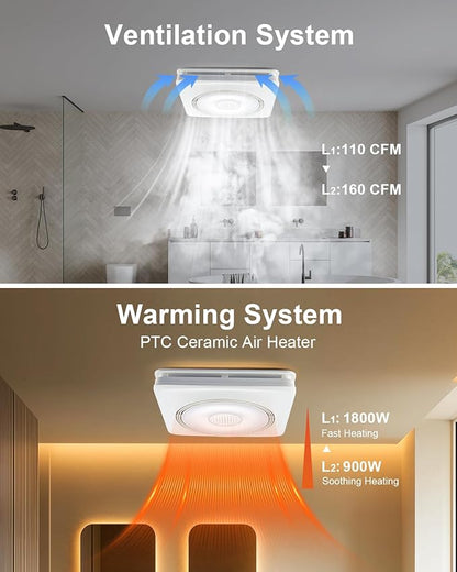 GROWNEER Bathroom Fan with Bluetooth Speaker, 110/160 CFM 1.0 Sone Bathroom Exhaust Fan with Heater, Powerful Oversize Exhaust Fan with Light & Remote, 9 RGB Modes, 1500lm 3-CCT & Nightlight