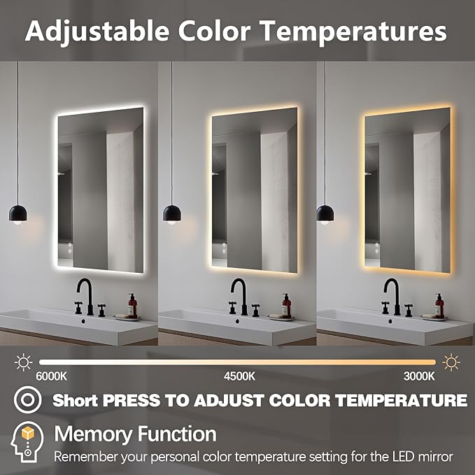 Niccy Led Mirror for Bathroom, 32"x20" Frameless Backlit Mirror for Wall Lighted Mirror with Bedroom 3 Color, Defogger, Explosion-Proof, HD Glass and IP65 Vanity Mirror Horizontal or Vertical