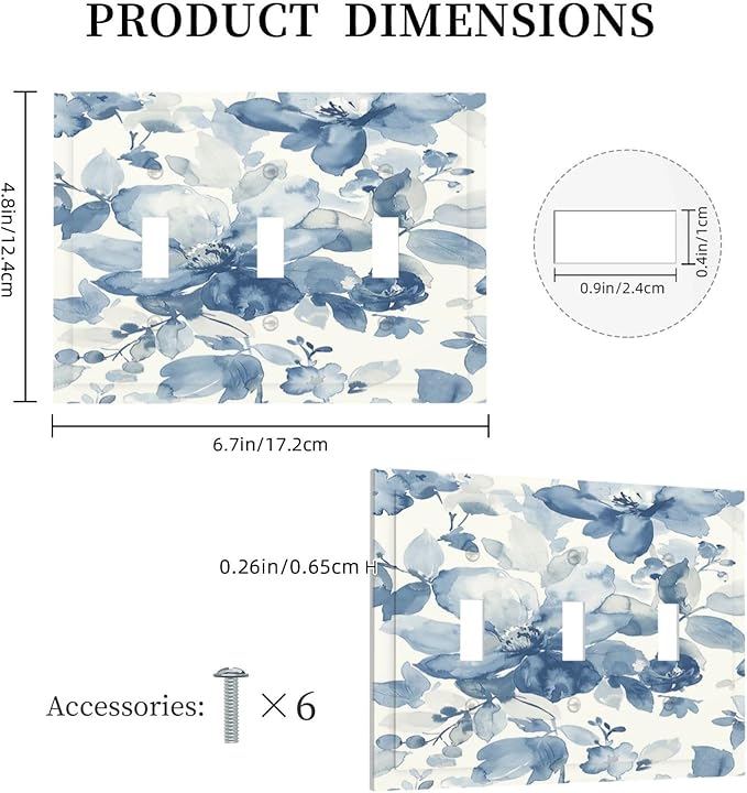 Decorative Switch Plates Blue Watercolor Floral 3 Gang Wall Plate Triple Toggle Light Switch Cover Faceplate Electrical Wall Panels for Bedroom Bathroom Decor