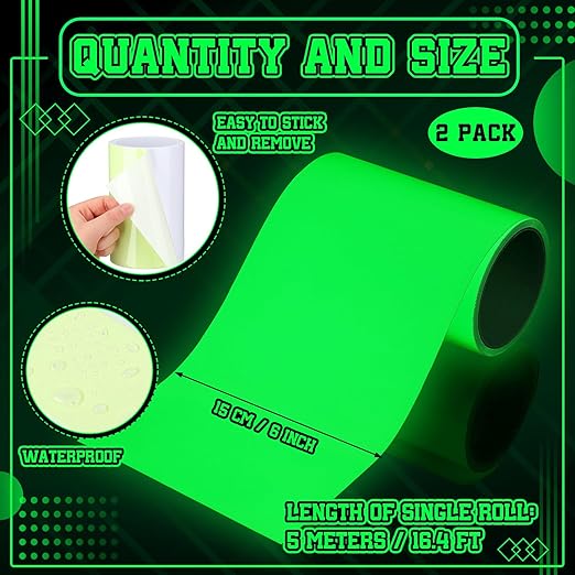2 Rolls Glow in The Dark Tape 16.4 ft x 6 Inch Luminous Phosphorescence Green Long Lasting Bright Glow Tape for Halloween Night Decorations, Theater Stages, Stairs, Walls, Steps and Exit Sign