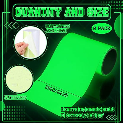 2 Rolls Glow in The Dark Tape 16.4 ft x 6 Inch Luminous Phosphorescence Green Long Lasting Bright Glow Tape for Halloween Night Decorations, Theater Stages, Stairs, Walls, Steps and Exit Sign
