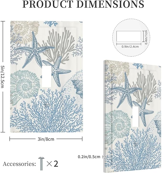 Decorative Light Switch Plate Covers Blue Starfish Coral Seaweed 1 Gang Light Switch Cover Plate Single Toggle Wall Plate Outlet Covers Faceplate for Bathroom Bedroom Decor （2 Pack）