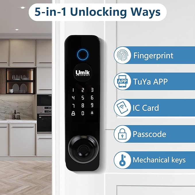 Smart Door Lock, Keyless Entry Fingerprint Door Lock with Knob, Electronic Smart Door Knob with Digital Keypad, App Remote Control, WiFi Smart Deadbolt Lock for Front Door, Matte Black
