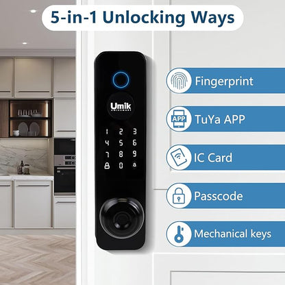 Smart Door Lock, Keyless Entry Fingerprint Door Lock with Knob, Electronic Smart Door Knob with Digital Keypad, App Remote Control, WiFi Smart Deadbolt Lock for Front Door, Matte Black