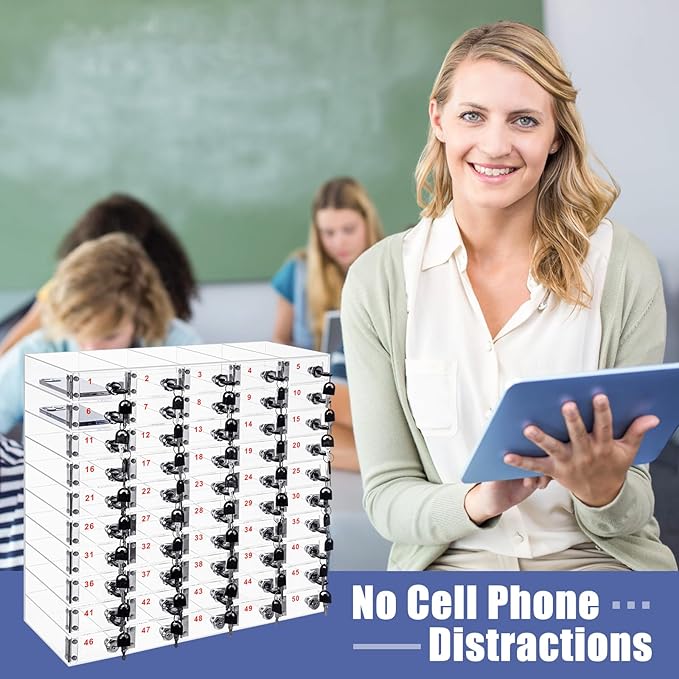 Layhit 50 Slots Cell Phone Locker Box for Classroom Clear Acrylic Cell Phone Storage Cabinet Bin with Door Locks for Classroom School Students Office Factory Employees