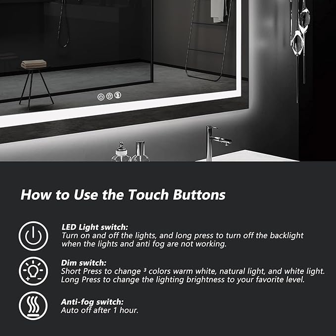 ROOMTEC LED Bathroom Mirror 28 x 20 Inches with Front and Backlit,Anti-Fog,3 Colors and Dimmable Light(Horizontal/Vertical)