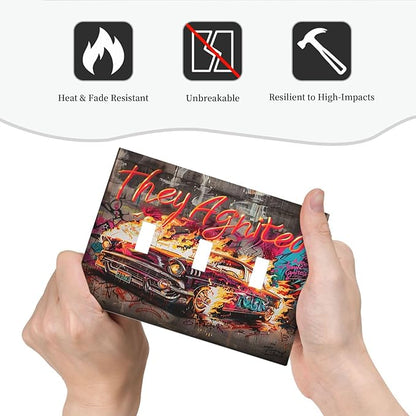 Decorative Switch Plates Hip Hop Street Graffiti Flame Car 3 Gang Wall Plate Triple Toggle Light Switch Cover Faceplate Electrical Wall Panels for Bedroom living Room Decor
