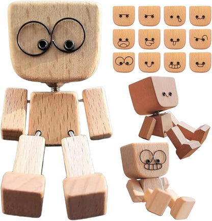 Shaking Wooden Man Doll with 12 Magnetic Changeable Faces - Handmade Shaking Wooden Man Figurine for Car Dashboard, Desk, Office Decor