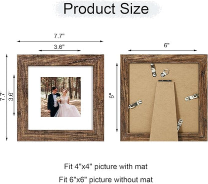 iRahmen 6x6 Picture Frame Set of 4 with Real Glass, Rustic Frames Display 4x4 Picture with Mat or 6 x 6 Without Mat, Wood Square Photo Frame for Wall Mount and Tabletop Display